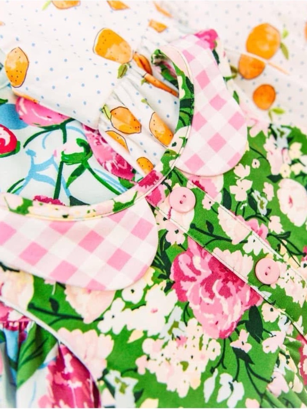 SweetHoney Green Floral and Pink Gingham Peter Pan Collar (Size:10)